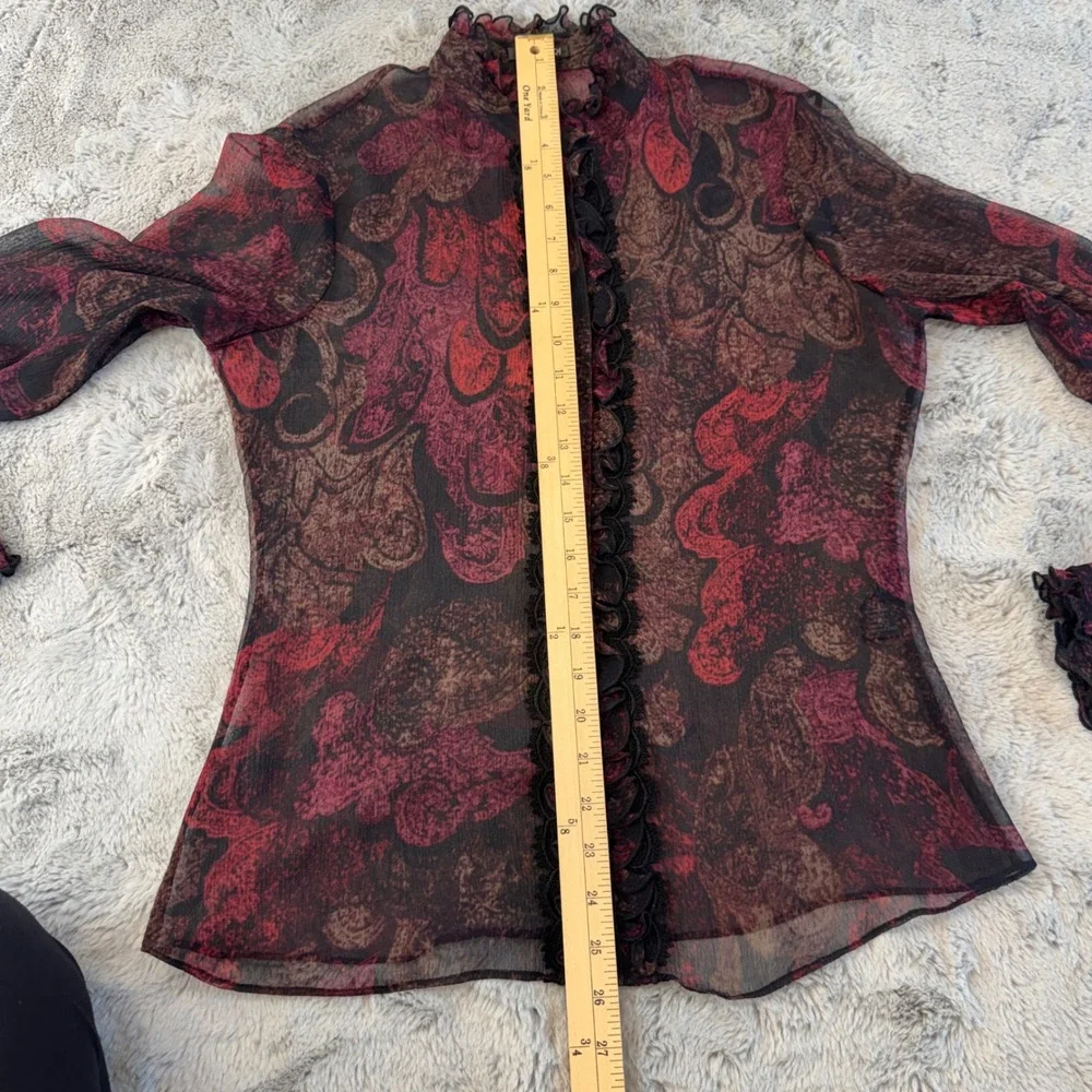 Tahari Women's Sz M Silk Sheer Ruffle Blouse Burgundy Black Victorian Gothic - Picture 11 of 16